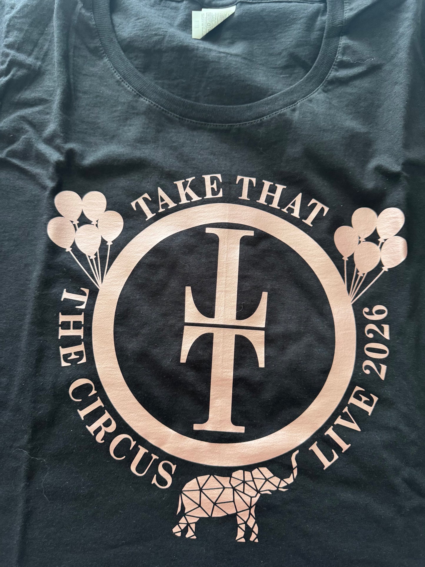 SALE stock clearance Ladies Black t-shirt with classic Circus TT Rose Gold Metallic design
